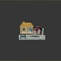 Colorful Beach Cabin With Wooden Bridge Chair Red White Umbrella On Sparkling Water With Starfish
