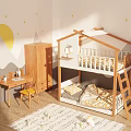 Kids Room Wooden Bunk Bed With House Shaped Roof Wardrobe Desk And Decorative Wall