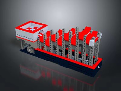 Industrial Equipment Model Red Gray Modular Structure With Cross Symbol White Top Dark Blue Base 3d model
