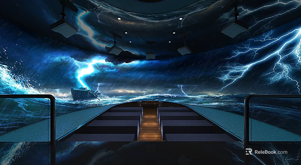 Dramatic Lightning And Stormy Waves With Illuminated Pathway Surrounding Seats And Distant Ship 3d model 
