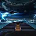 Dramatic Lightning And Stormy Waves With Illuminated Pathway Surrounding Seats And Distant Ship