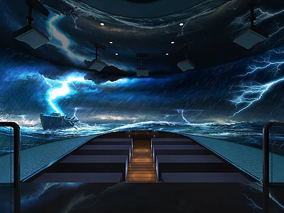 Dramatic Lightning And Stormy Waves With Illuminated Pathway Surrounding Seats And Distant Ship 3d model