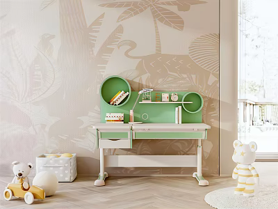 Children's Green Desk With Circular Storage And Toys Near Leaf Pattern Wallpaper 3d model