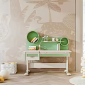 Children's Green Desk With Circular Storage And Toys Near Leaf Pattern Wallpaper