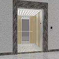 Modern Elevator With Wooden Interior Glass Door Marble Wall And Stripe Ceiling