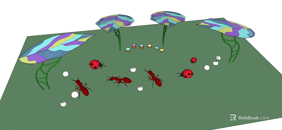 Colorful Umbrella Shaped Pergola On Green Grass With Red Ants Ladybugs And White Round Objects 3d model 