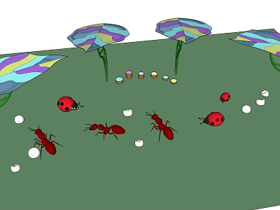 Colorful Umbrella Shaped Pergola On Green Grass With Red Ants Ladybugs And White Round Objects 3d model