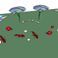 Colorful Umbrella Shaped Pergola On Green Grass With Red Ants Ladybugs And White Round Objects