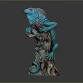 Green Lizard Detailed Sculpture Perched on Textured Tree Stump Against Dark Background