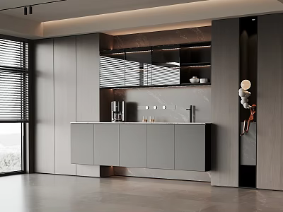 Modern Open Kitchen Interior Featuring Gray Cabinets And Window Blinds 3d model