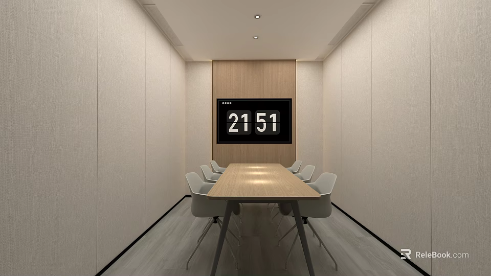 Modern Minimalist Meeting Room With Long Conference Table Digital Clock And Chairs 3d model 