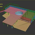 Cartoon Scene of Wooden Platform with Round Pool and Yellow Railings