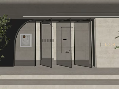 Minimalist Modern Entrance Design With Glass Doors Indoor Plant And Wall Art 3d model