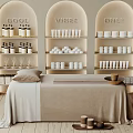 Cozy Massage Bed Setup With Arched Shelves Displaying Good Vibes Glow Decorative Items