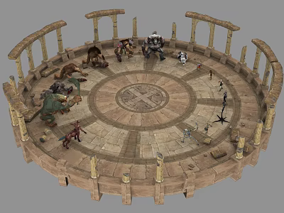 Cartoon Style Round Arena Scene With Stone Pillars Central Emblem And Various Characters 3d model