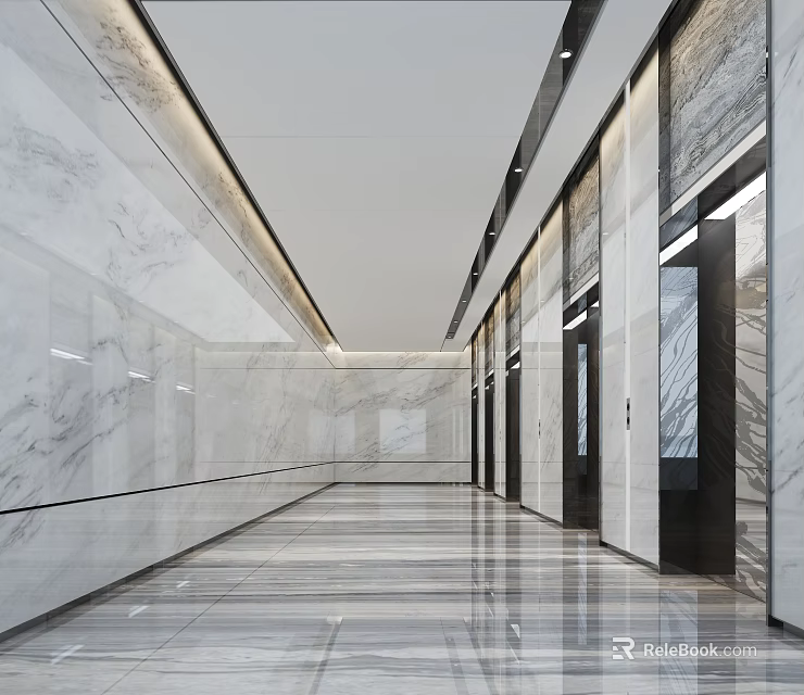 Modern Elevator Hallway Interior With Marble Walls Sleek Floor And Elevator Doors 3d model
