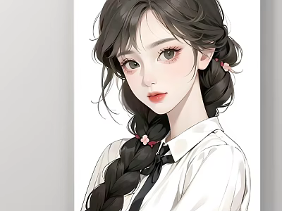 Anime Character Portrait With Long Brown Braided Hair Pink Flower White Shirt And Black Tie 3d model