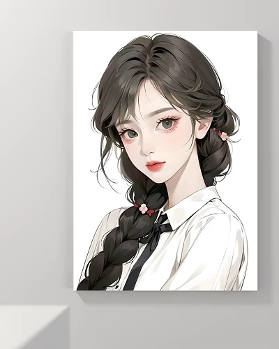 Anime Character Portrait With Long Brown Braided Hair Pink Flower White Shirt And Black Tie 3d model