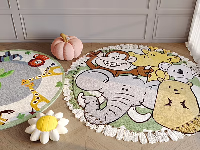 Round Cartoon Animal Themed Rugs With Cute Decor In Room 3d model