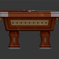 Billiard Table Featuring Orange Frame Blue Playing Surface Wooden Legs Billiard Balls And Cue Sticks