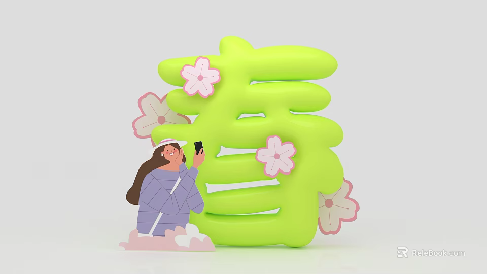 Green Spring Character Inflatable Model with Pink Flowers and Girl Taking 3d model 