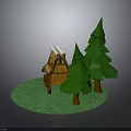 3D Model Scene With Wooden Cabin Green Pine Trees Snowy Roof And Grassy Ground