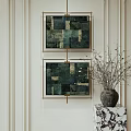 Modern Abstract Painting With Green And Blue Patchwork Design In Gold Frame On White Wall