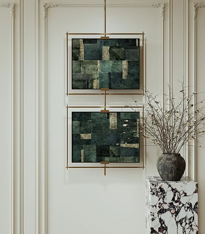 Modern Abstract Painting With Green And Blue Patchwork Design In Gold Frame On White Wall 3d model