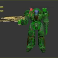 Futuristic Pilot In Red And Gray Mech Suit With Large Gun And Metallic Armor