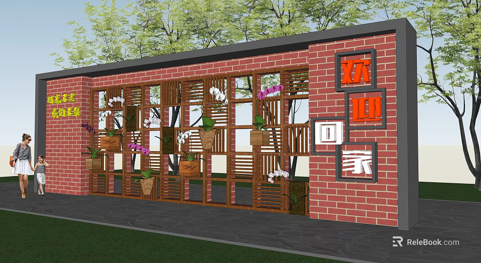 Red Brick Feature Wall With Wooden Lattice And Potted Plants For Welcome Home 3d model 