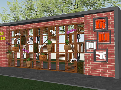 Red Brick Feature Wall With Wooden Lattice And Potted Plants For Welcome Home 3d model
