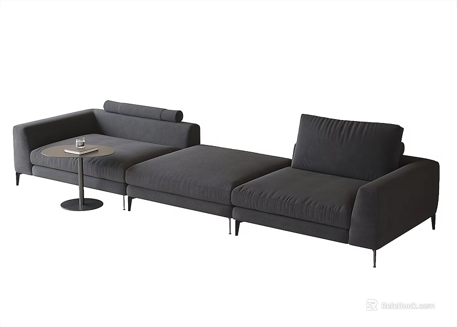 Modern Dark Grey Three Seater Upholstered Sofa with Armrests and Side Table 3d model