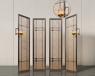Modern Chinese Room Divider Screen With Metal Frame Frosted Glass Panels For Interior Decor 3d model