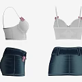 White Lace Brassiere With Pink Bows And Dark Blue Denim Shorts With White Belt Buckle