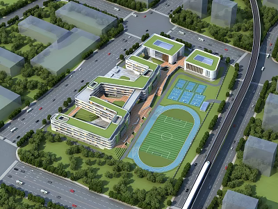 Modern School Building with Green Roofs Football Field and Sports Courts Surrounded by Trees 3d model