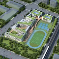 Modern School Building with Green Roofs Football Field and Sports Courts Surrounded by Trees