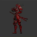 Red Samurai Character in Traditional Armor Holding Two Swords Posing in Combat Stance