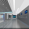 Modern Spacious Corridor With Gray Walls Long Ceiling Lights Blue Screens And Glass Railings