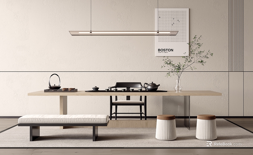 Modern Minimalist Tea Table And Chairs With Teapot Bench Stools And Pendant Light 3d model 