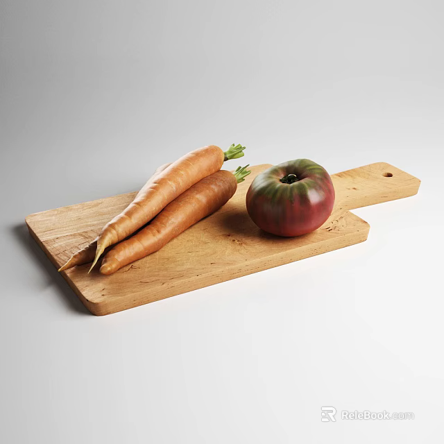 Fresh Organic Vegetables Carrots and Purple Tomato on Wooden Cutting Board 3d model 