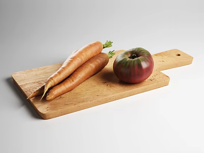 Fresh Organic Vegetables Carrots and Purple Tomato on Wooden Cutting Board 3d model