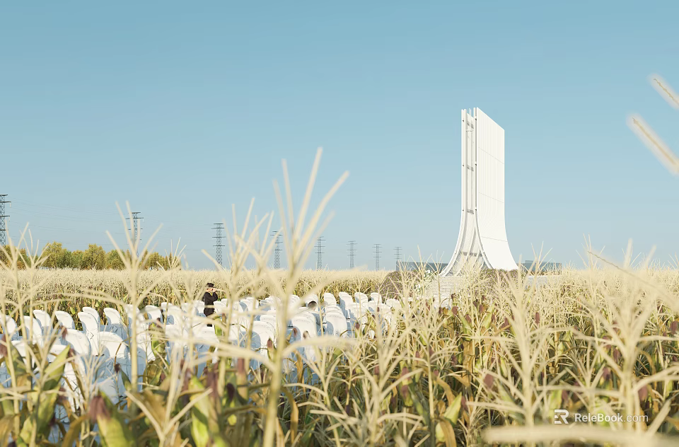 Tall White Structure In Wheat Field With People And Blue Sky View 3d model 