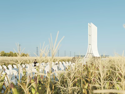 Tall White Structure In Wheat Field With People And Blue Sky View 3d model