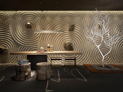 Lounge Area With Natural Wooden Table Tree Stump Stools Wavy Textured Wall And Decorative Tree 3d model