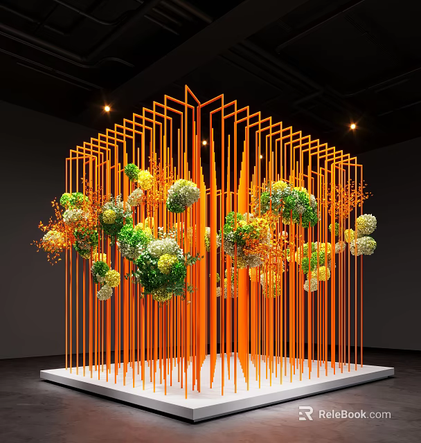 Decorative Indoor Landscape With Orange Vertical Metal Frames And Green Yellow Flowers 3d model 