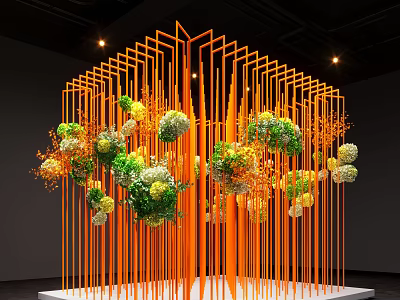 Decorative Indoor Landscape With Orange Vertical Metal Frames And Green Yellow Flowers 3d model