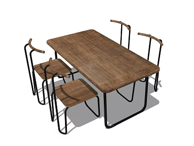 Modern Home Dining Table And Chairs Set With Wooden Top And Black Metal Frame 3d model