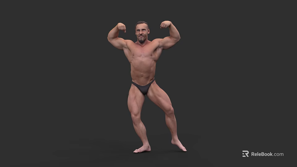 Shirtless Muscular Man Flexing Muscles With Well Defined Physique In Bodybuilding Pose Against Dark Background 3d model 
