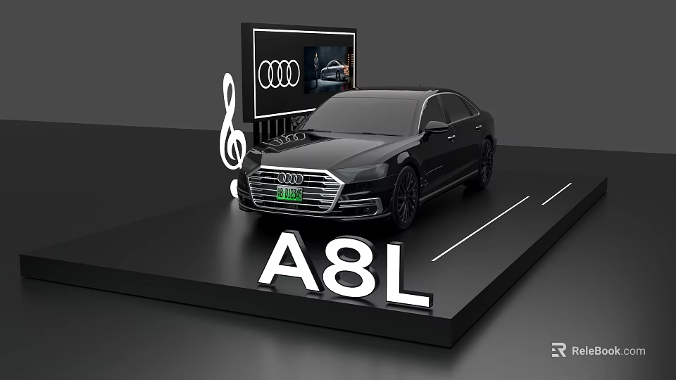 Sleek Black Audi A8L Sedan On Display Platform With Four Rings Logo And Screen 3d model 