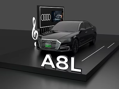 Sleek Black Audi A8L Sedan On Display Platform With Four Rings Logo And Screen 3d model